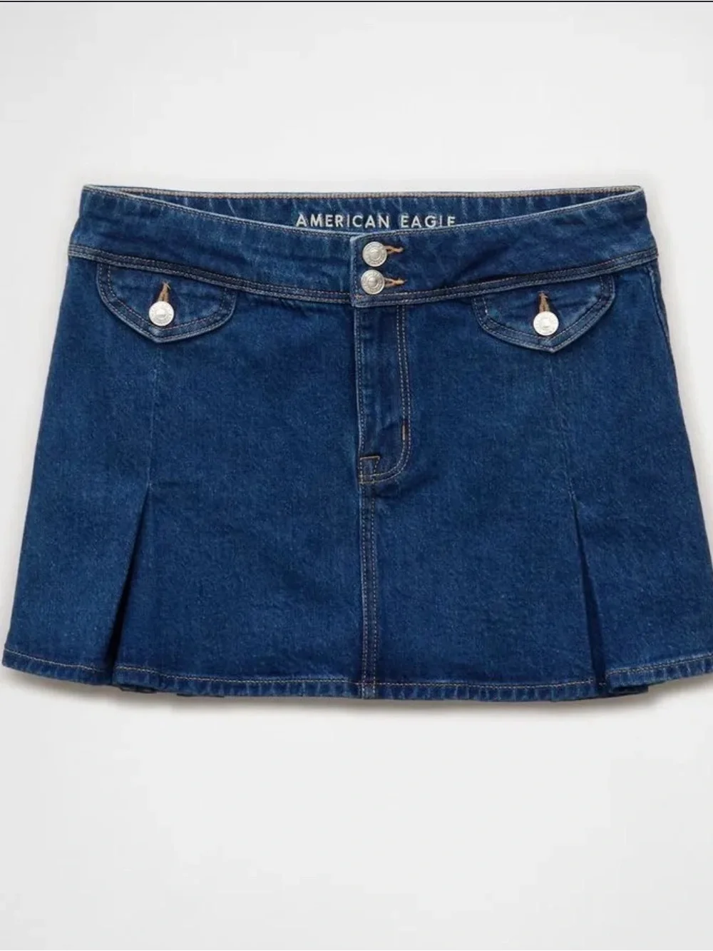 American Eagle Stretch Low Rise Pleated Denim Mini Skirt Dark Wash NWT Size 4